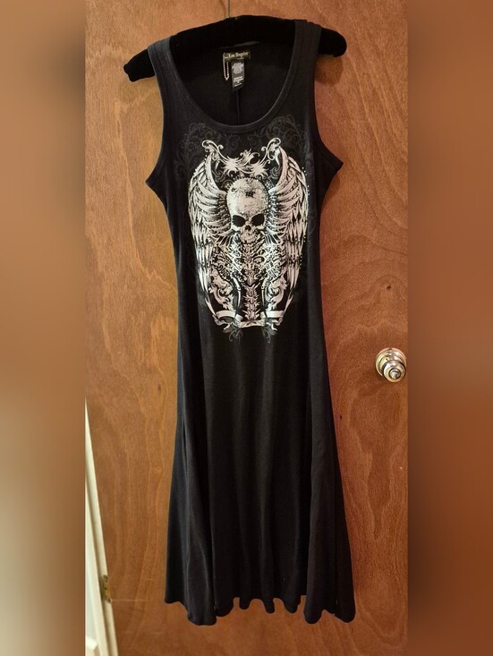 Los Angeles Bus Stop Dresses & Skirts - Black Sleeveless Maxi Dress with Silver Skull & Wing Graphic